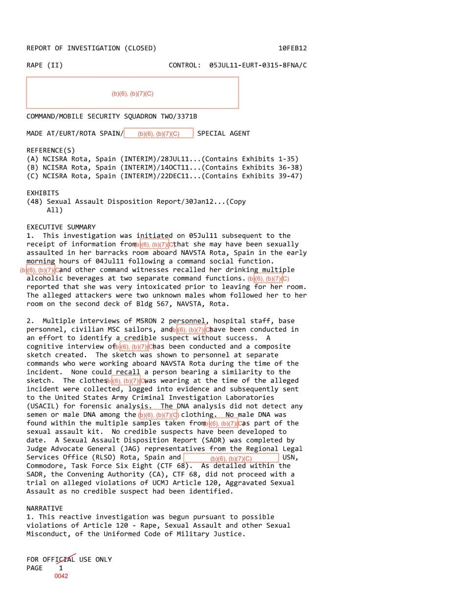 First page preview for A Woman Reported Being Sexually Assaulted in a Rota Barracks Room. NCIS Closed the Case Without Identifying the Two Men.