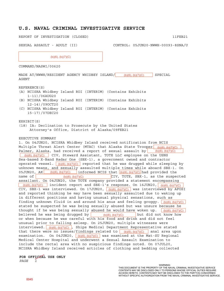 First page preview for A TOTE Steward Assistant Said He Was Drugged and Sexually Assaulted Aboard SBX-1. Federal Prosecutors Declined the Case.