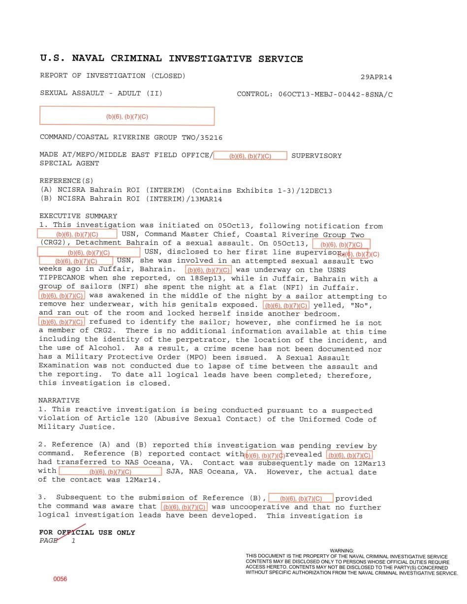 First page preview for Bahrain Attempted-Assault Report Involving USNS Tippecanoe Closed Without an Identified Sailor.
