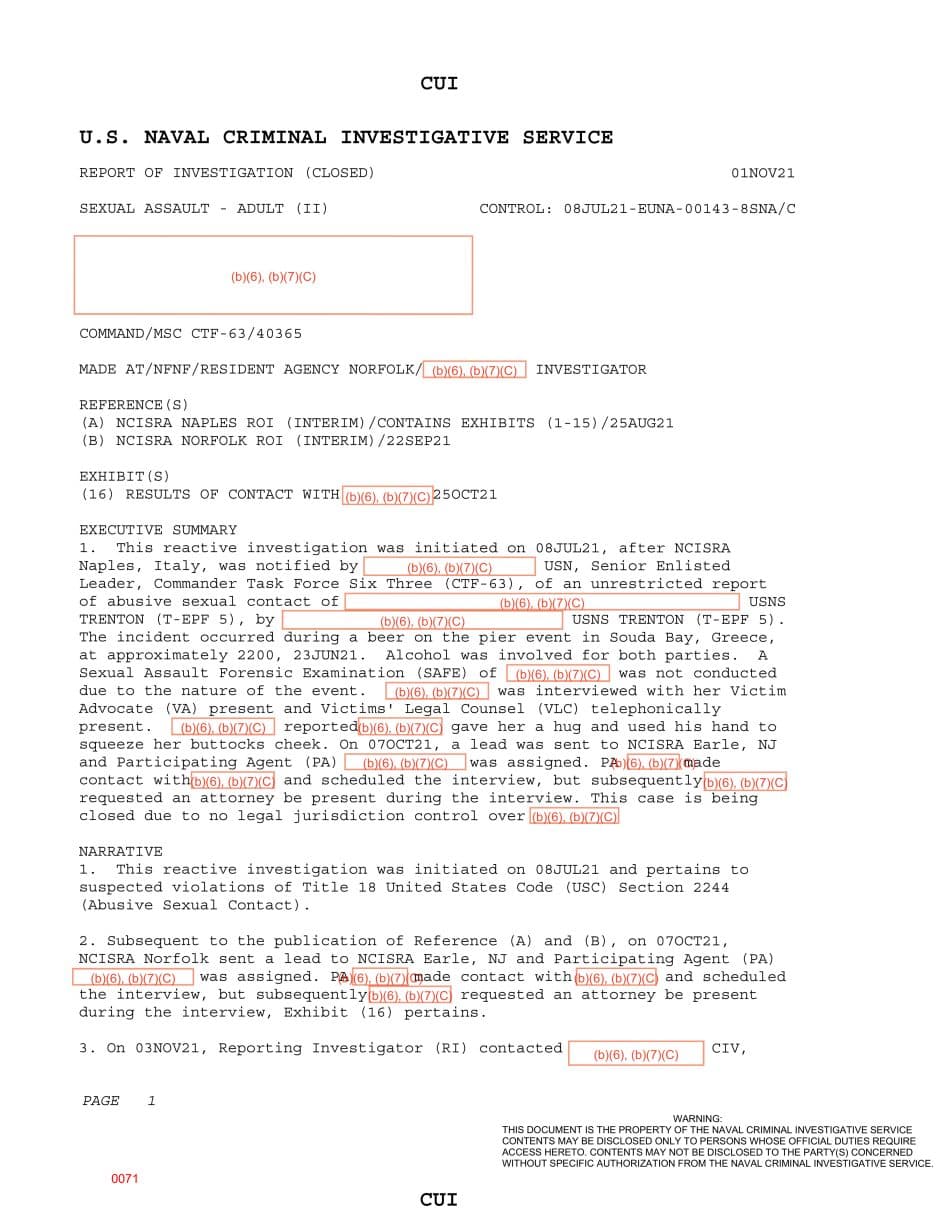 First page preview for Souda Bay Buttocks-Grabbing Report Involving USNS Trenton Closed on Jurisdiction.