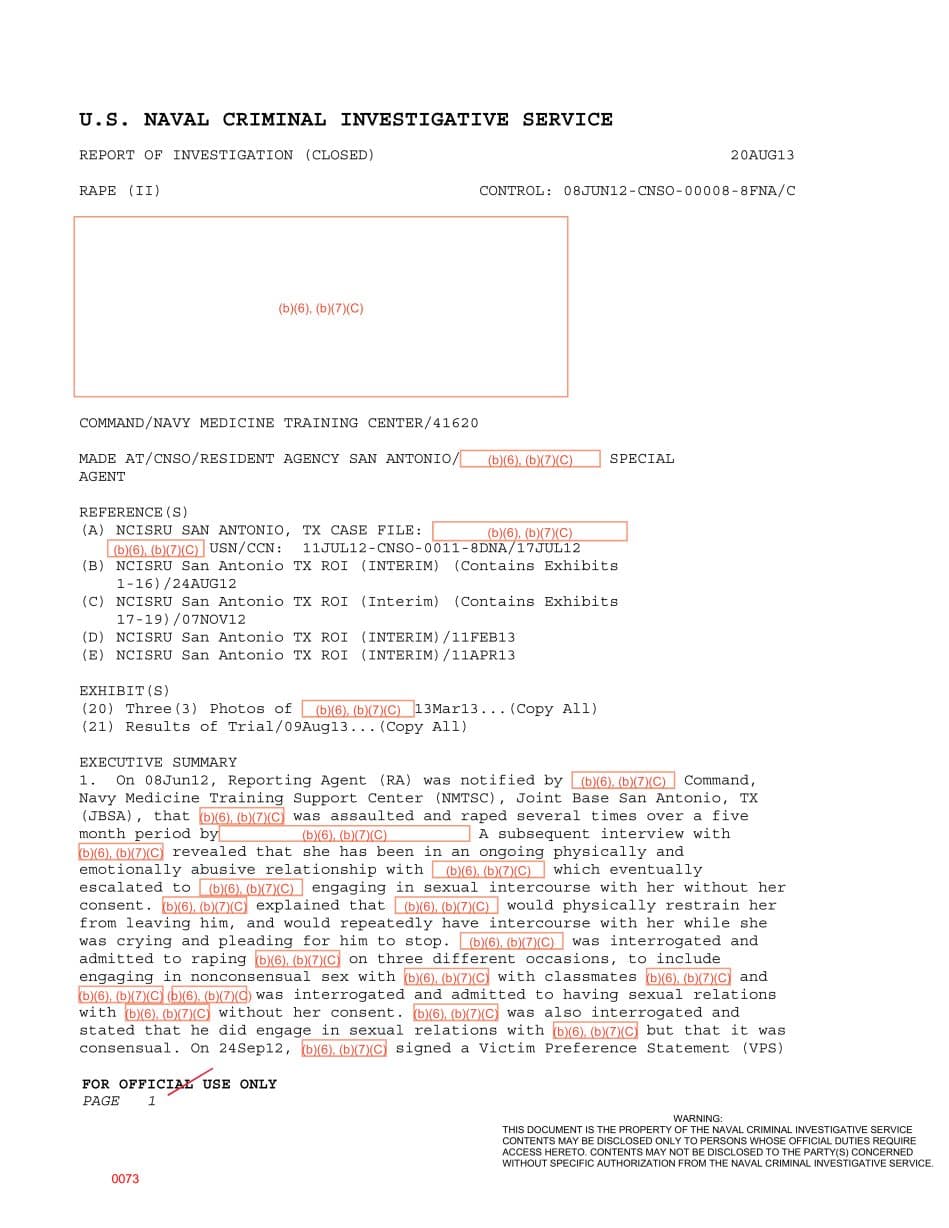 First page preview for Four Years Confinement Followed a Navy Training Center Rape Case. The File Records Multiple Admissions and a Court-Martial.