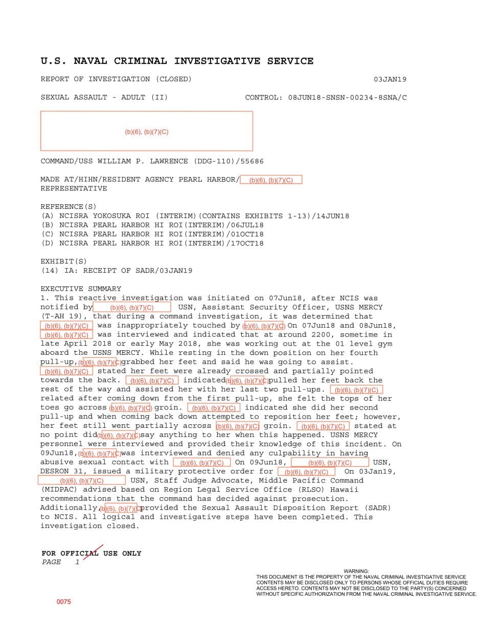 First page preview for Pull-Up Assistance Aboard USNS Mercy Became an Abusive Contact Case. Command Declined Prosecution.