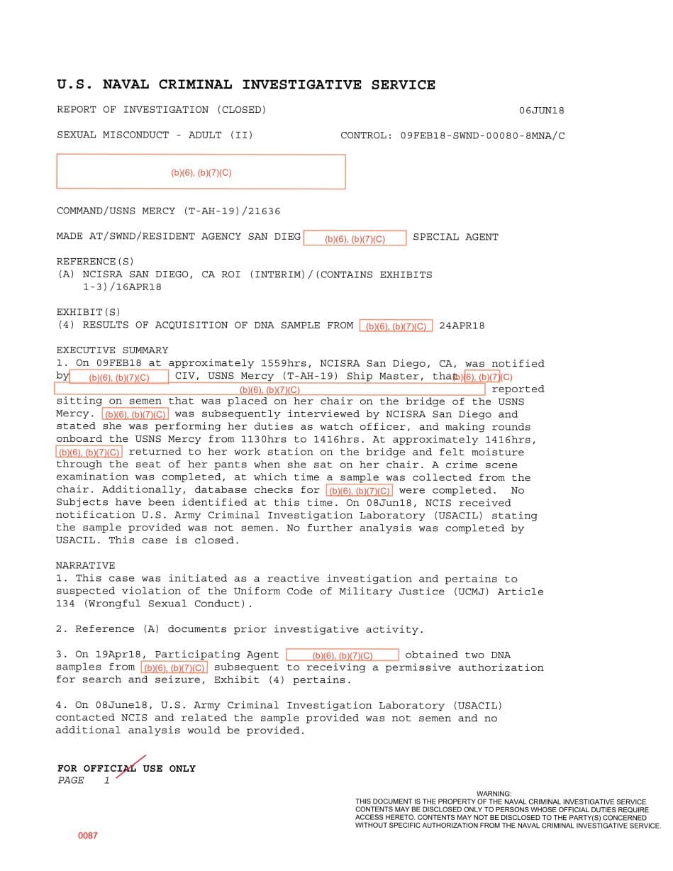 First page preview for Lab Testing Said a USNS Mercy Watch Officer's Chair Sample Was Not Semen.