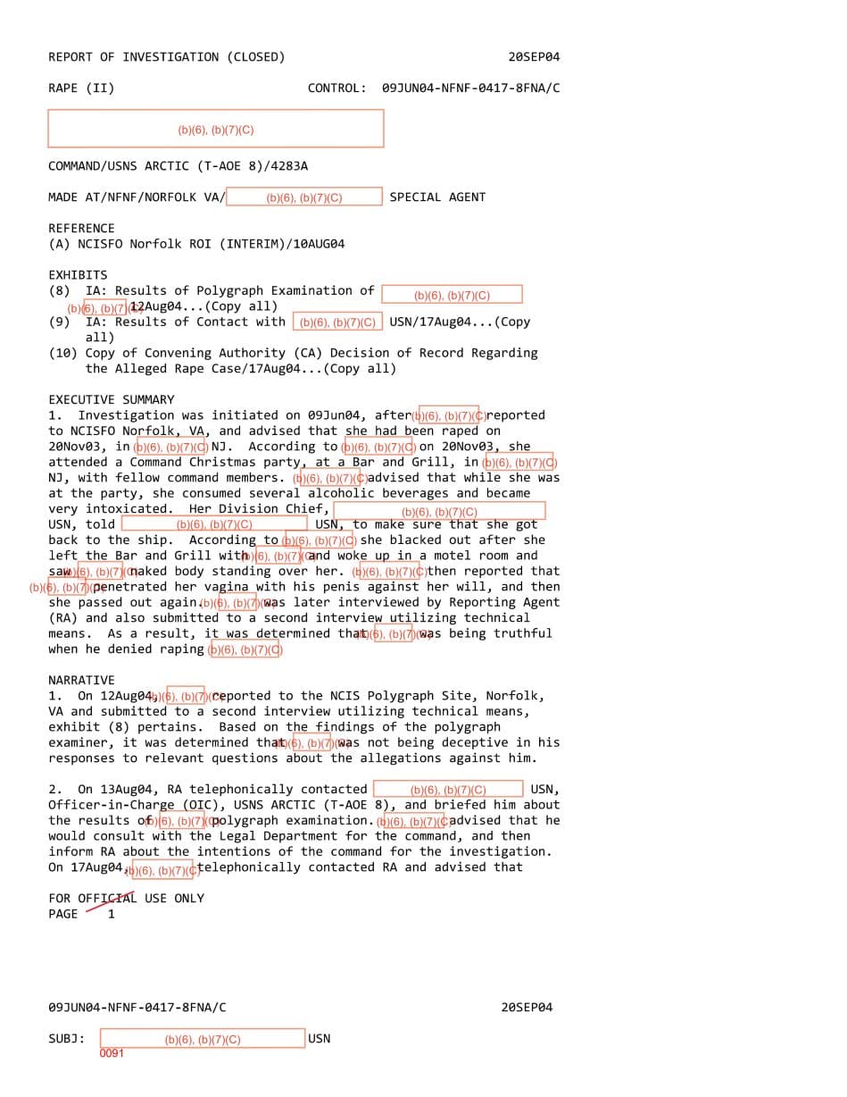 First page preview for USNS Arctic Command Party Rape Report Closed After Command and the Victim Declined to Continue.