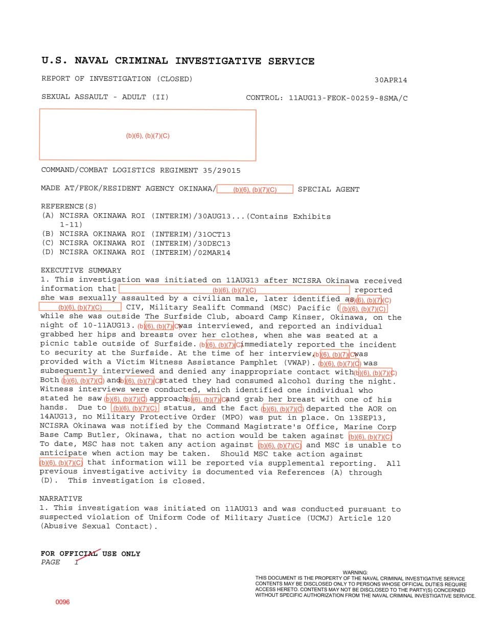 First page preview for Outside an Okinawa Club, a Woman Reported Being Grabbed. MSC Still Had Not Acted When NCIS Closed the Case.