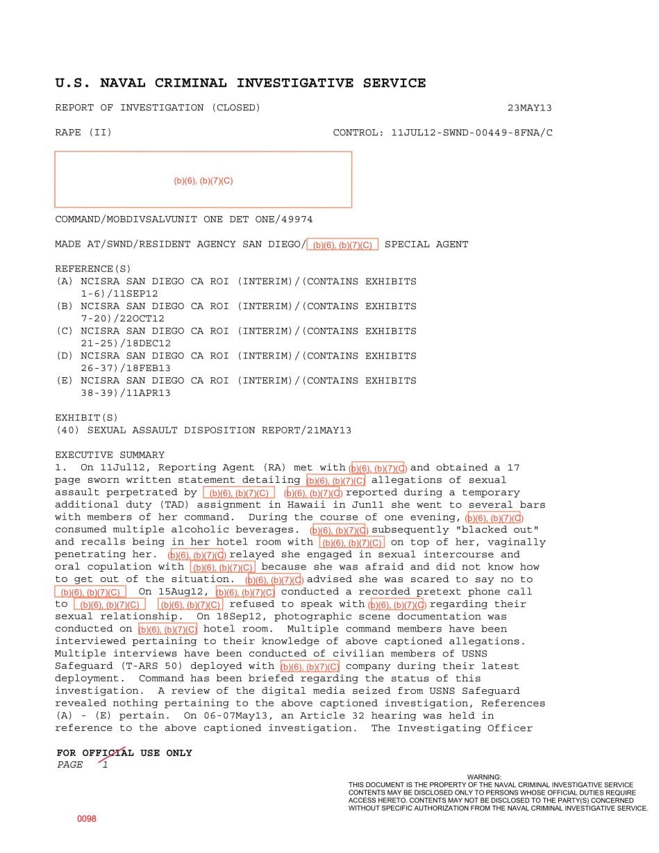 First page preview for Hawaii Temporary-Duty Rape Report Ended at an Article 32 Hearing Before Court-Martial.
