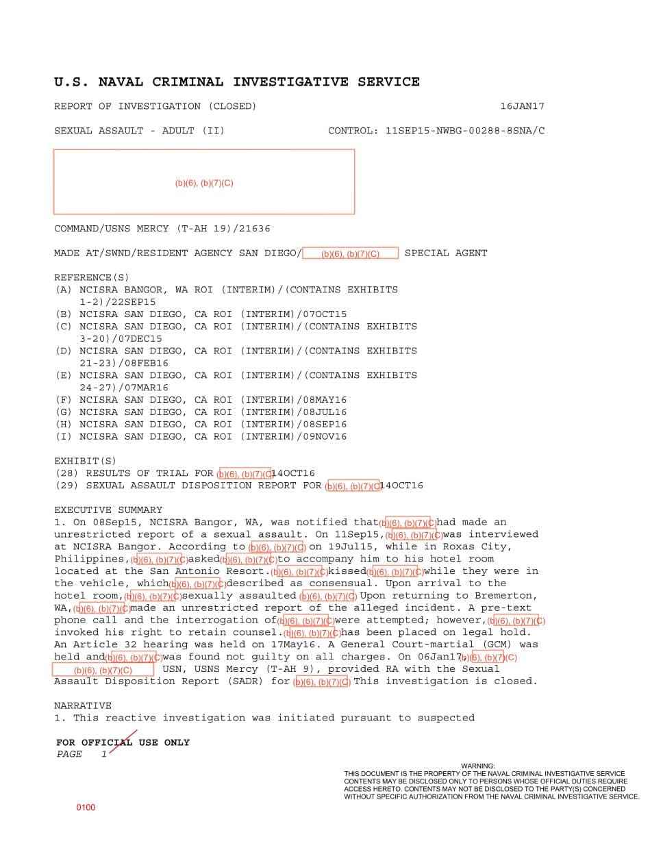 First page preview for USNS Mercy Hotel-Room Assault Report Went to Court-Martial. The Accused Was Acquitted.