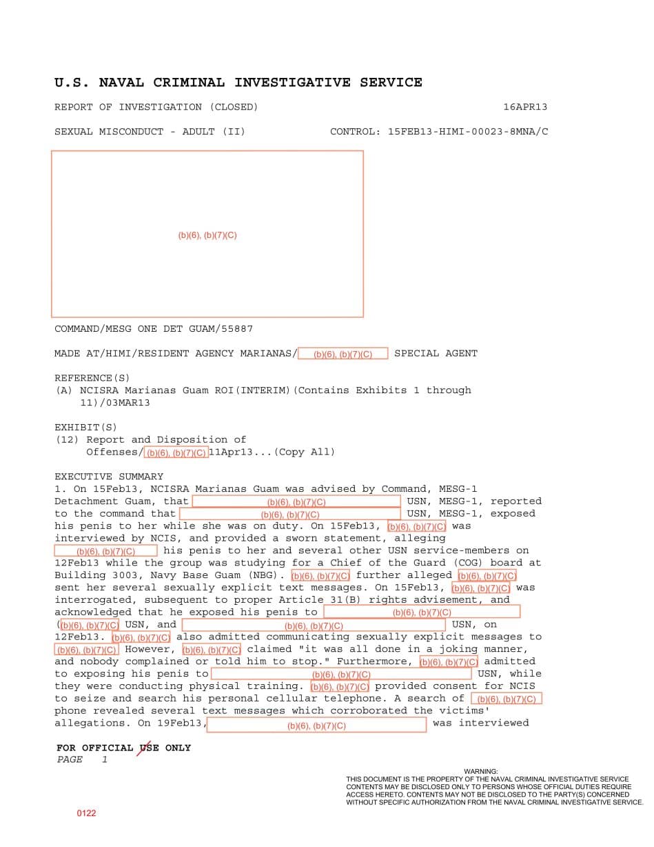 First page preview for Corroborating Texts and a Prior USNS Mary Sears Allegation Shaped a Guam Exposure Case. The Accused Was Punished at Mast.