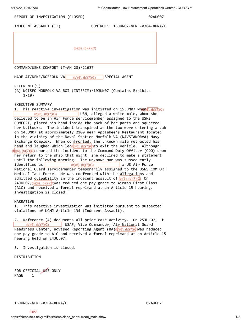 First page preview for Air Guard Member Admitted Culpability After a Cab-Ride Groping Report Near USNS Comfort.