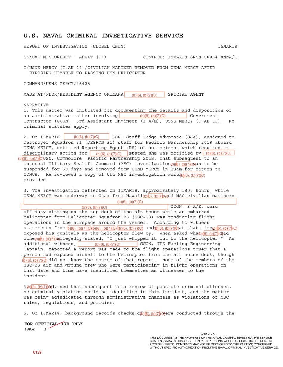 First page preview for Engineer Exposed His Genitals to a Navy Helicopter Aboard USNS Mercy. NCIS Found No Crime; He Got a 30-Day Suspension.