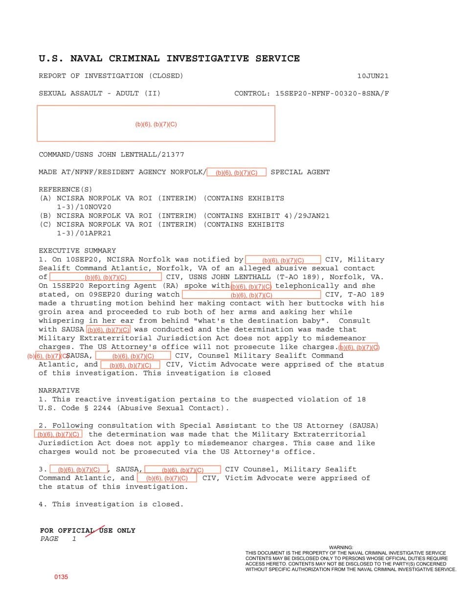 First page preview for USNS John Lenthall Watchstander Pressing Allegation Was Declined by Federal Prosecutors.