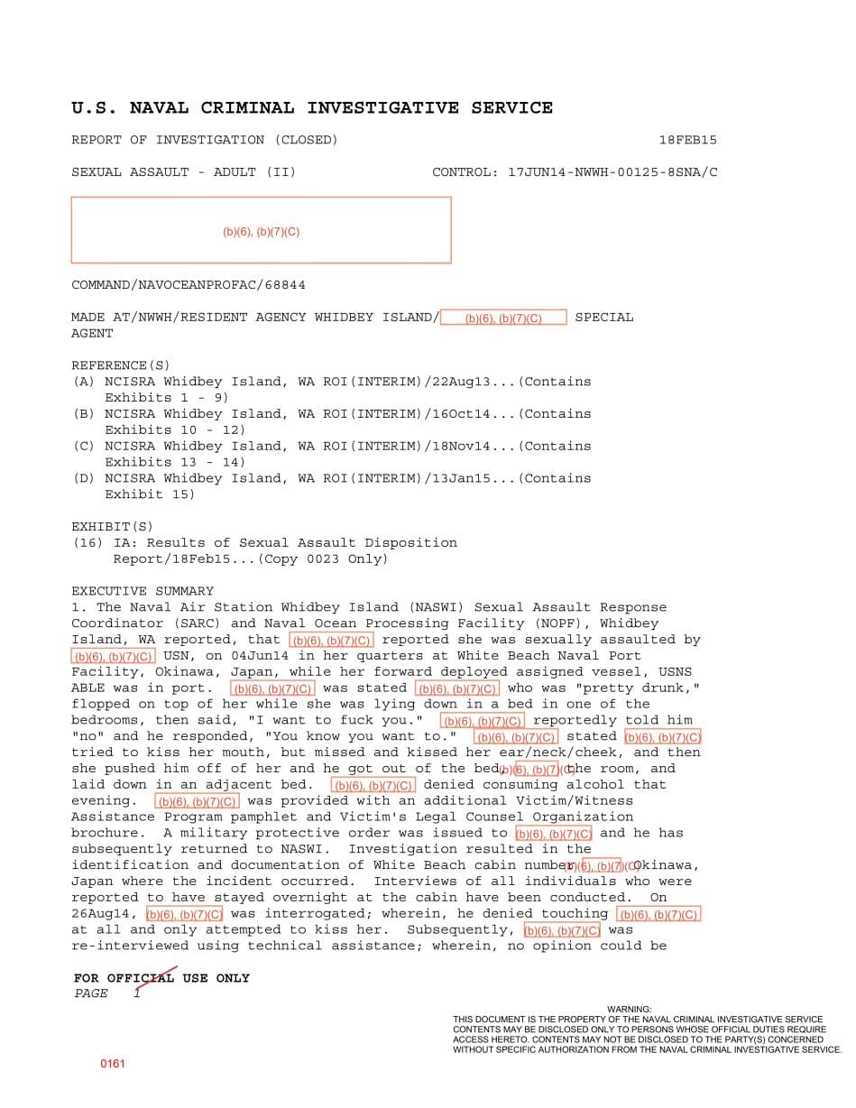First page preview for Drunk Man Climbed Onto a Woman's Bed While USNS Able Was in Port. The Case Ended With an Assault Reprimand.