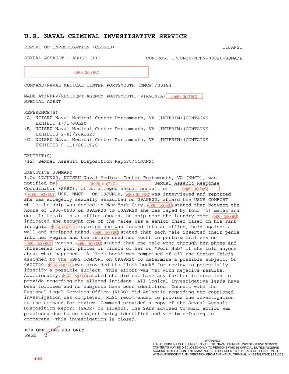 First page preview for A Woman Reported Being Raped by Multiple People Aboard USNS Comfort in New York. NCIS Closed the Case Without Identifying a Subject.