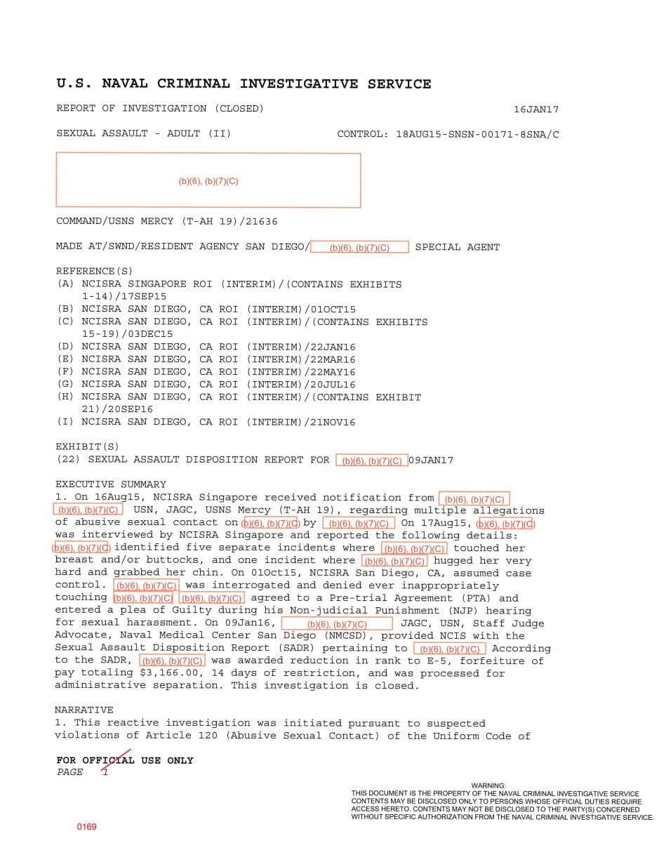 First page preview for Repeated Touching Allegations Aboard USNS Mercy Ended With a Guilty Plea to Sexual Harassment at NJP.
