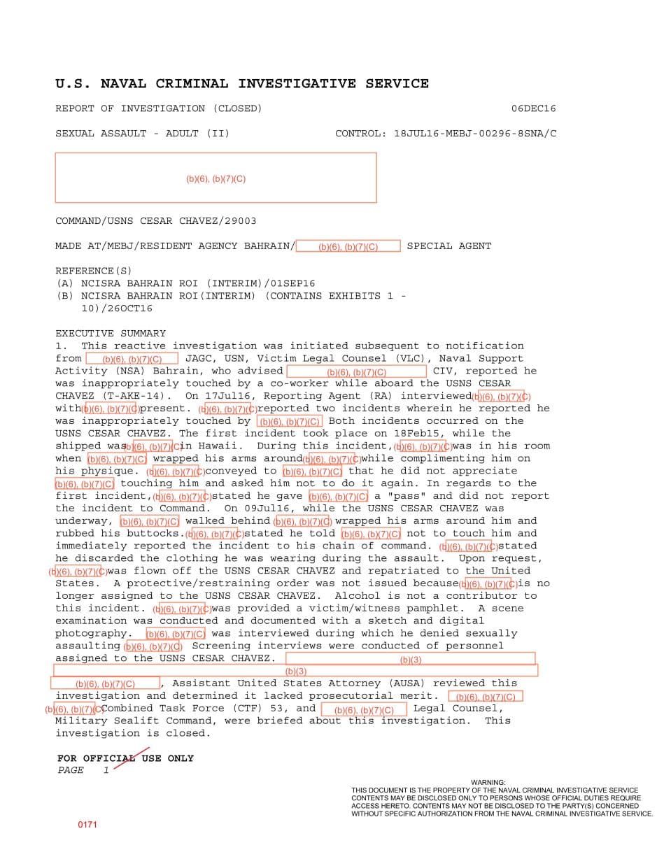 First page preview for Two USNS Cesar Chavez Unwanted-Touching Reports Fell Short of DOJ Prosecution.