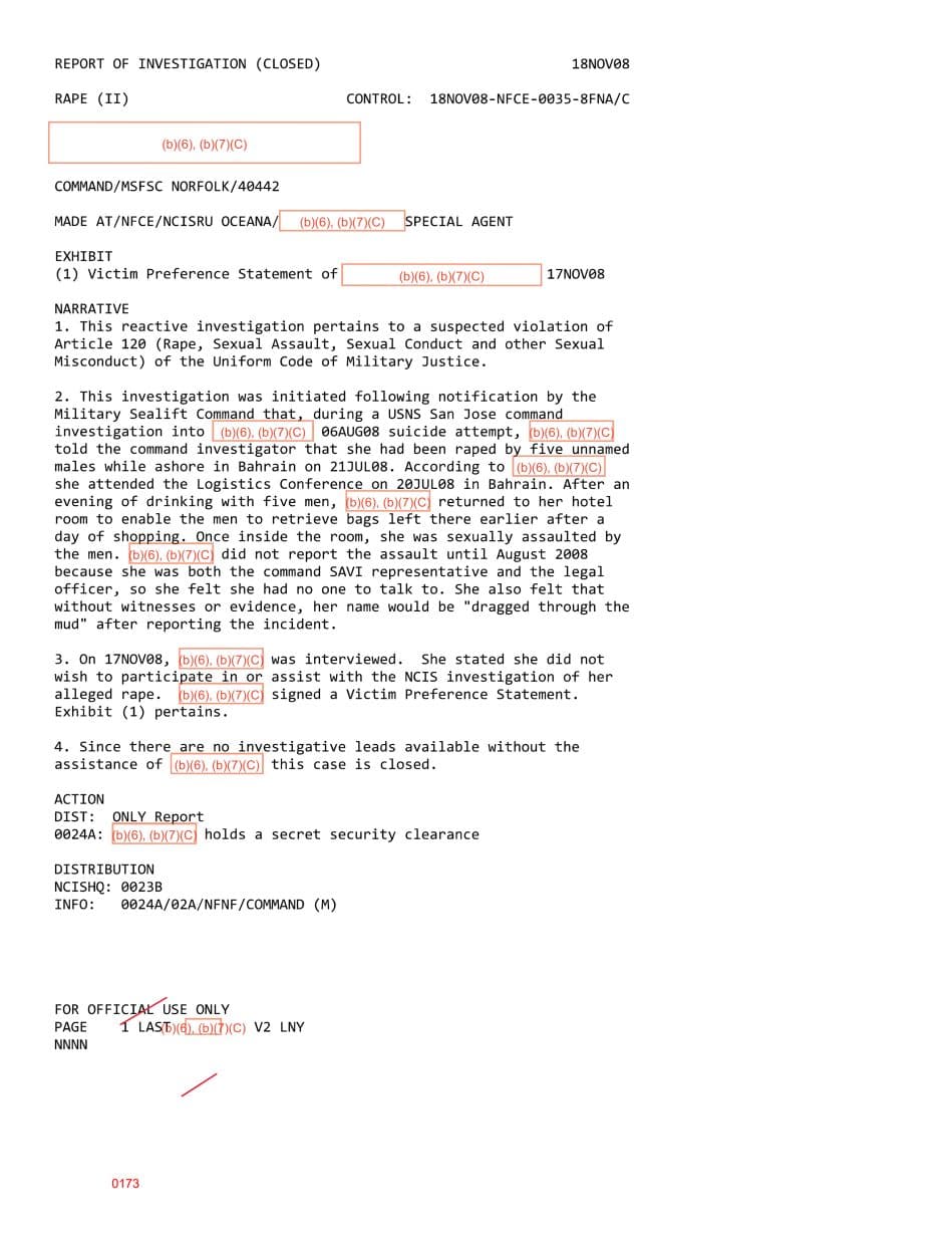 First page preview for Bahrain Five-Man Rape Report by an MSC Legal Officer Closed After She Declined to Participate.