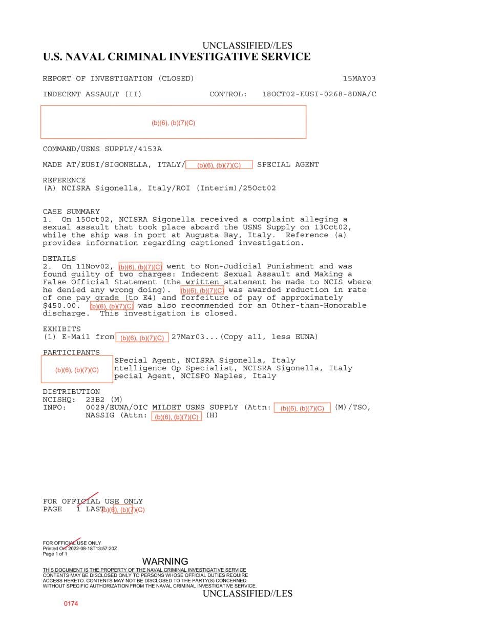 First page preview for USNS Supply Sexual-Assault Case Ended With NJP Findings and an Other-Than-Honorable Discharge Recommendation.