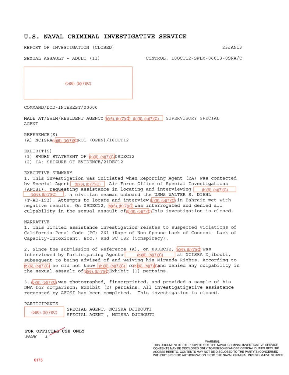 First page preview for AFOSI Asked NCIS to Interview a Civilian Seaman Aboard USNS Walter S. Diehl. The Extracted File Shows Only the Limited-Assistance Closure.
