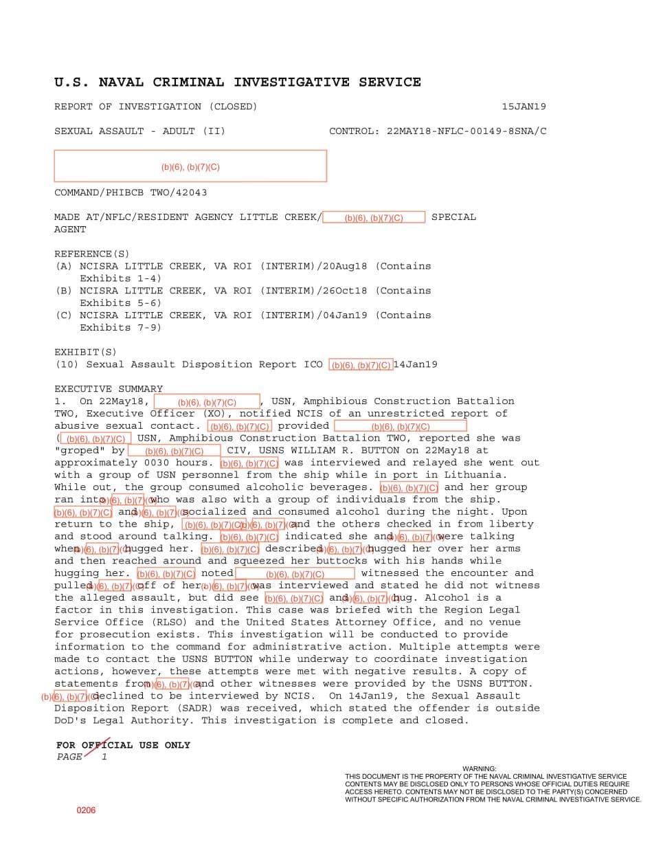 First page preview for Lithuania Liberty Groping Report Involving a USNS William R. Button Crewmember Ran Into DOD Authority Limits.