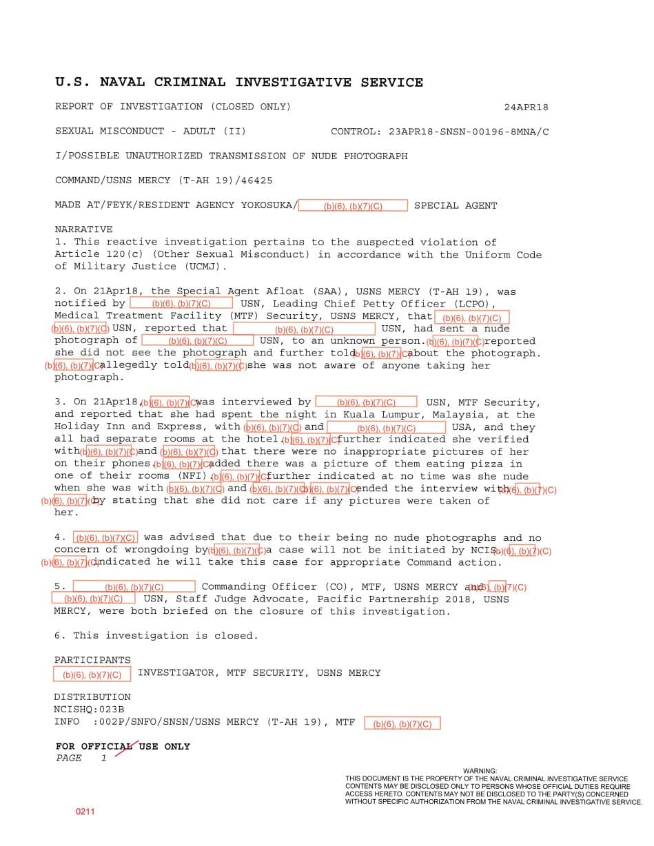 First page preview for USNS Mercy Security Reported a Possible Nude-Photo Transmission. NCIS Closed After No Photo Was Identified.