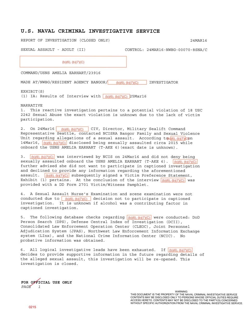 First page preview for An MSC Official Reported a USNS Amelia Earhart Sexual Assault Disclosure. The Reported Victim Declined to Provide Details.