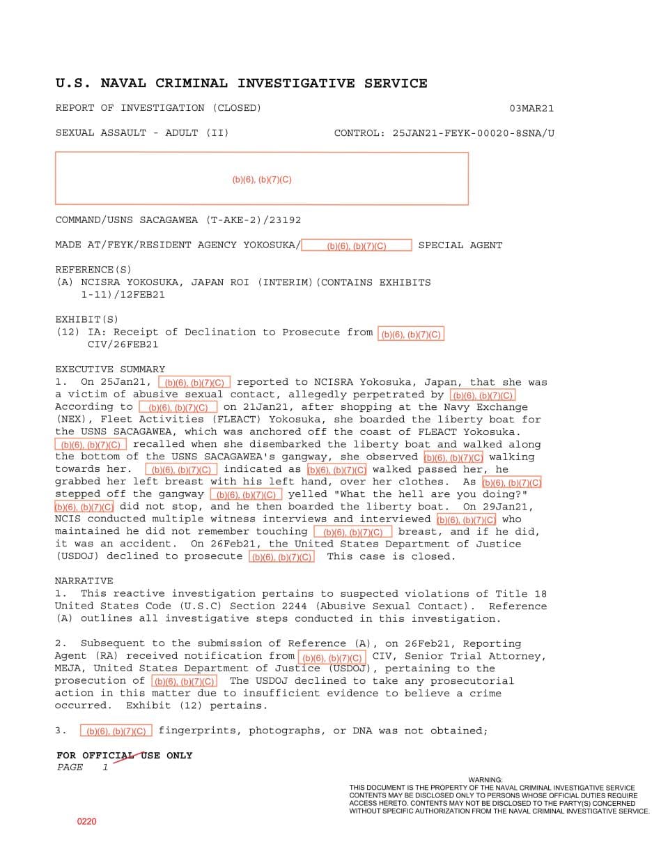 First page preview for USNS Sacagawea Gangway Breast-Grabbing Report Was Declined for Insufficient Evidence.