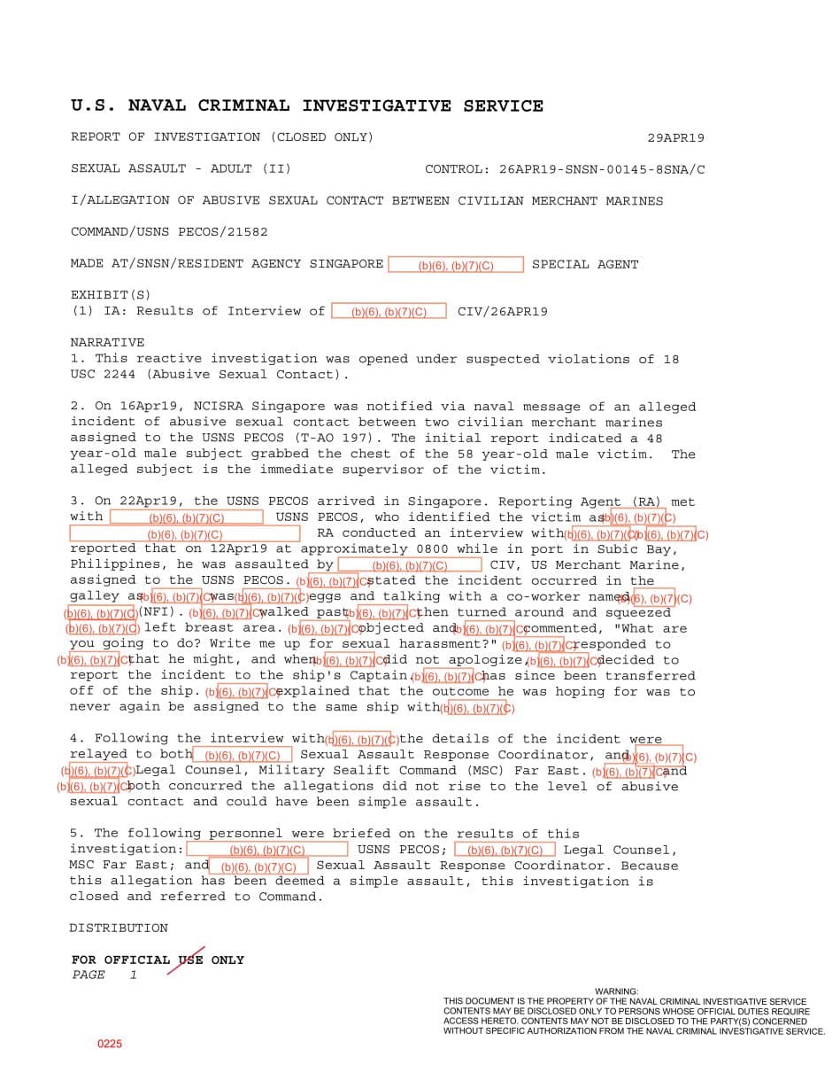 First page preview for USNS Pecos Galley Chest-Squeezing Report Was Referred to Command as Simple Assault.