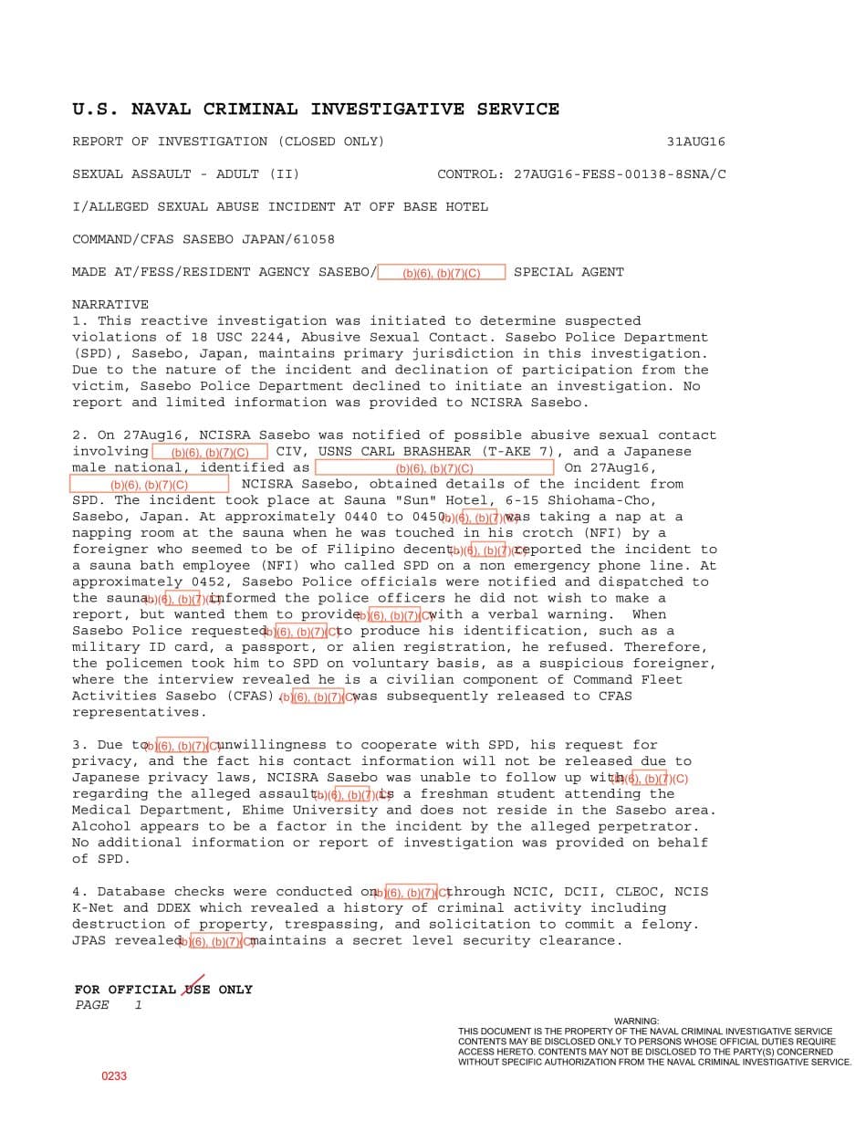 First page preview for A Japanese Sauna Guest Reported Crotch Touching by a USNS Carl Brashear-Connected Civilian. Police Declined When He Would Not File a Complaint.