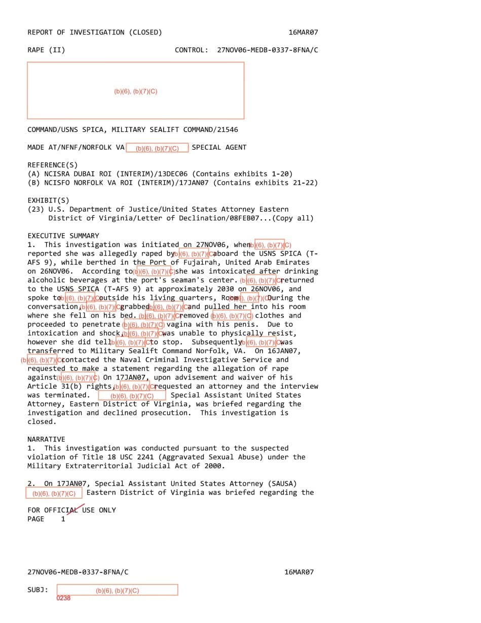 First page preview for USNS Spica Crew Member Said She Was Pulled Into a Stateroom and Raped; Prosecutors Declined the Case.