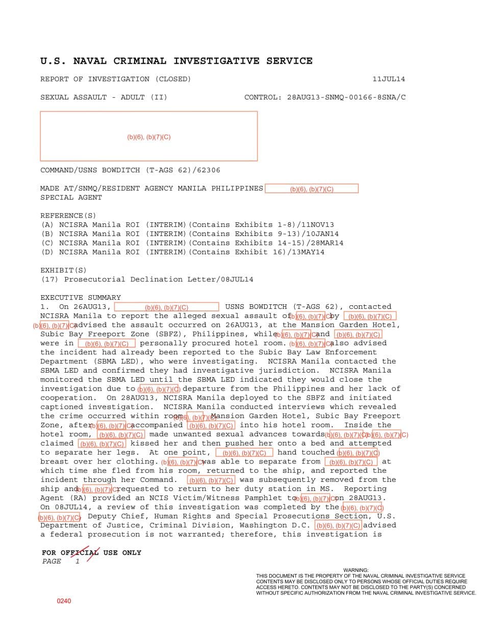 First page preview for Subic Bay Hotel-Room Assault Report Involving USNS Bowditch Went From Local Police to DOJ Declination.