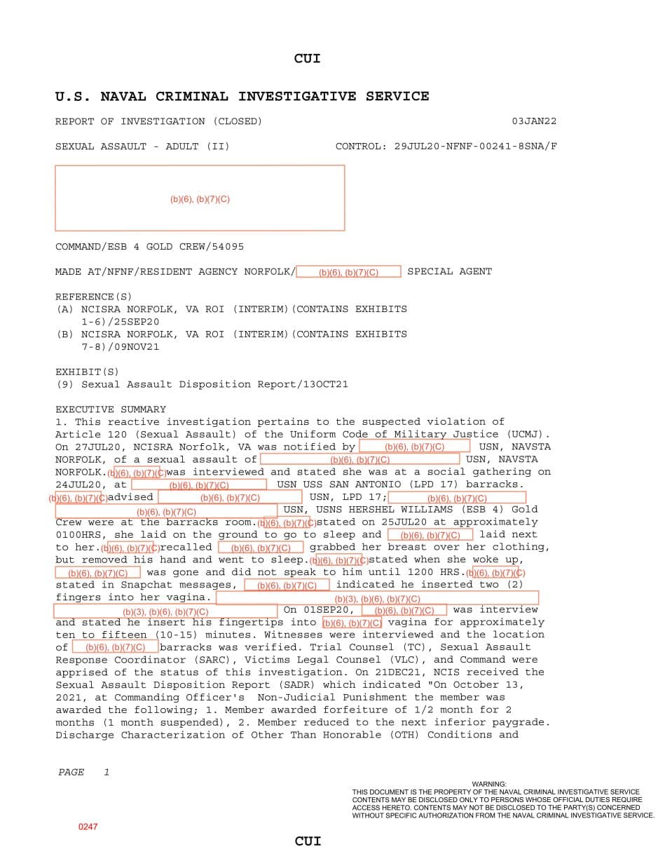First page preview for USS San Antonio Barracks Report Led to Punishment for Abusive Sexual Contact by a USNS Hershel Williams Crewmember.