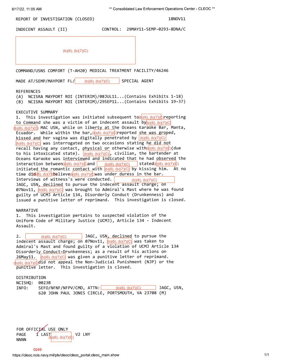 First page preview for USNS Comfort Liberty Assault Allegation in Ecuador Ended With Punishment for Drunkenness.