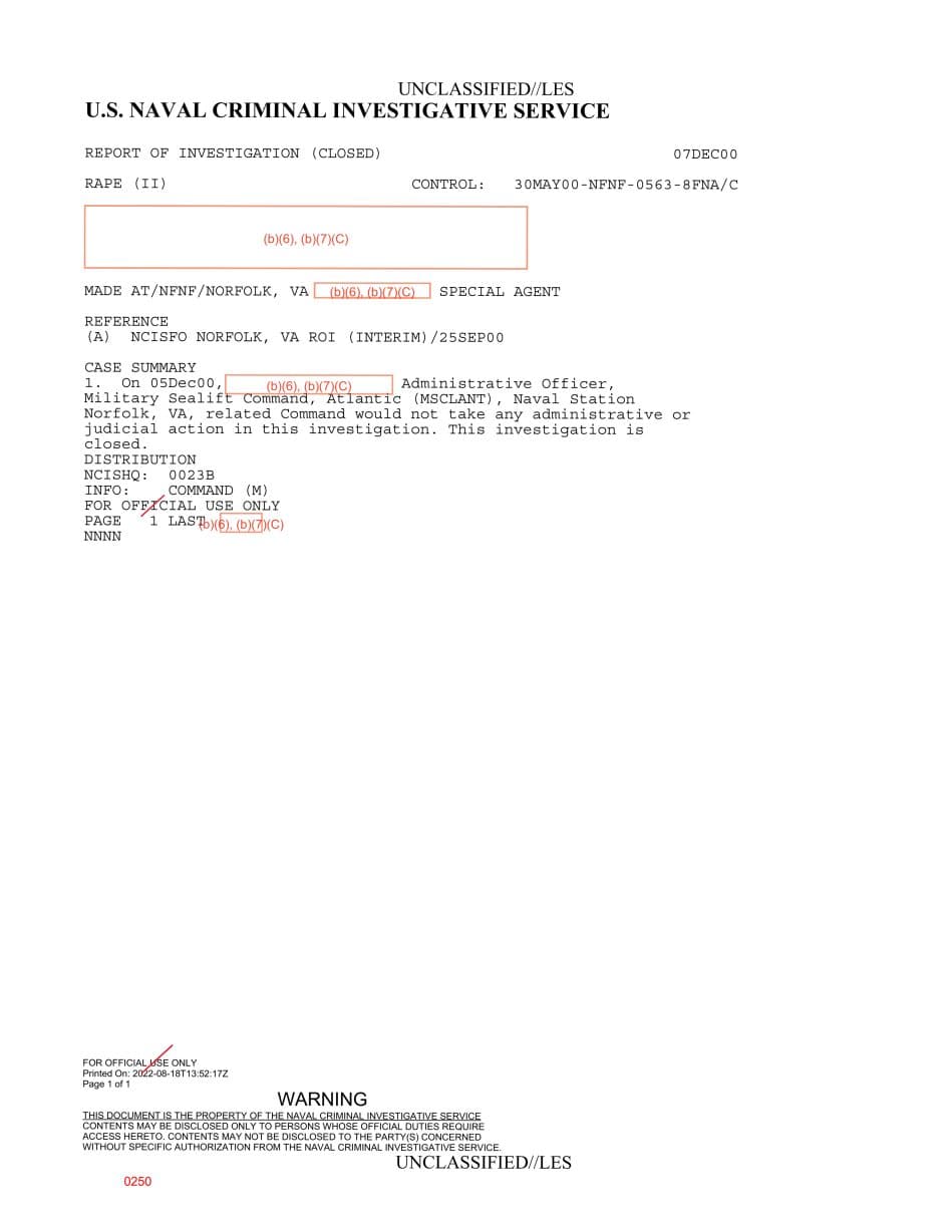 First page preview for Military Sealift Command Atlantic Rape Case Closed After Command Took No Action.