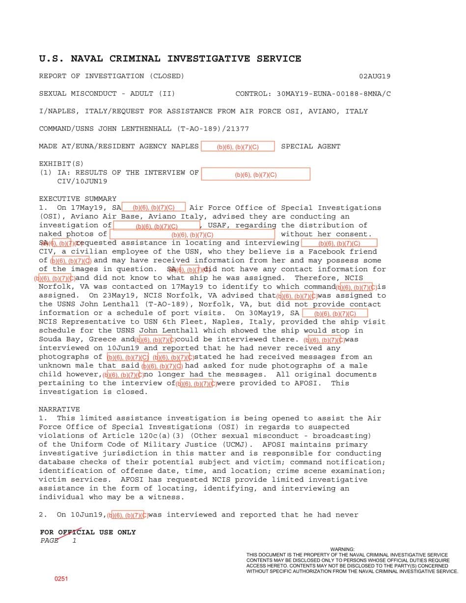 First page preview for AFOSI Sought a USNS John Lenthall Witness in a Nude-Photo Distribution Case.