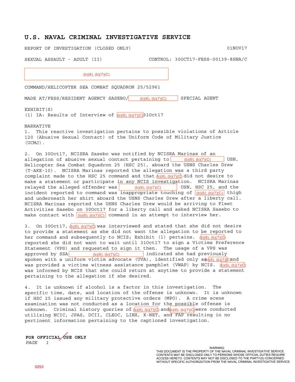 First page preview for Third-Party USNS Charles Drew Touching Report Closed When the Alleged Victim Declined to Participate.