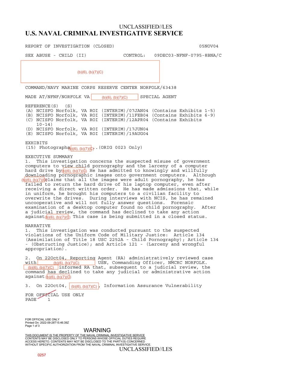 First page preview for Norfolk Reserve Center Computer Case Closed Without Action After a Missing Hard Drive and No Child Sexual Abuse Material Finding.
