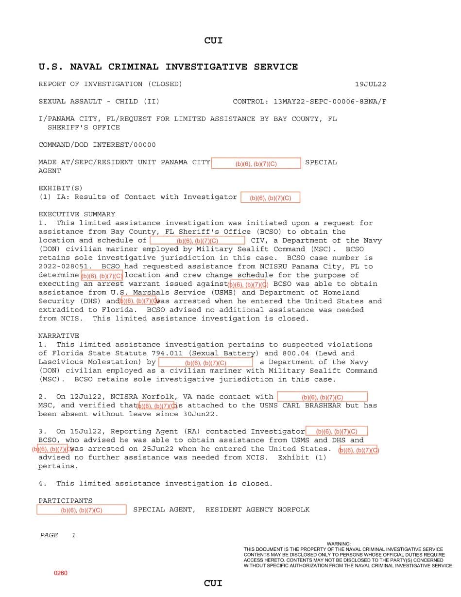 First page preview for Bay County Sought an MSC Civilian Mariner's Schedule in a Child-Sex-Offense Warrant Case.