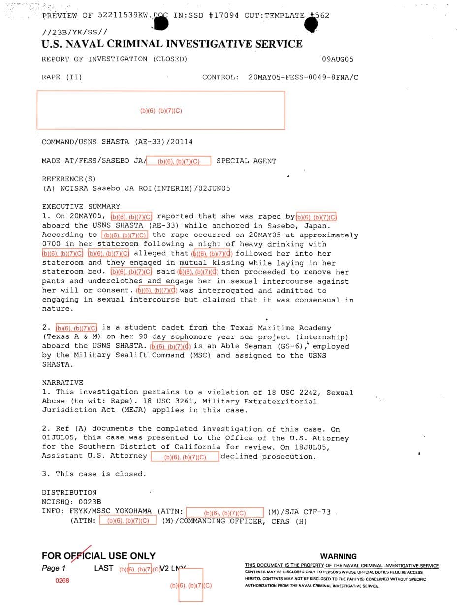 First page preview for Texas Maritime Academy Cadet Reported Rape Aboard USNS Shasta in Japan. Federal Prosecutors Declined.