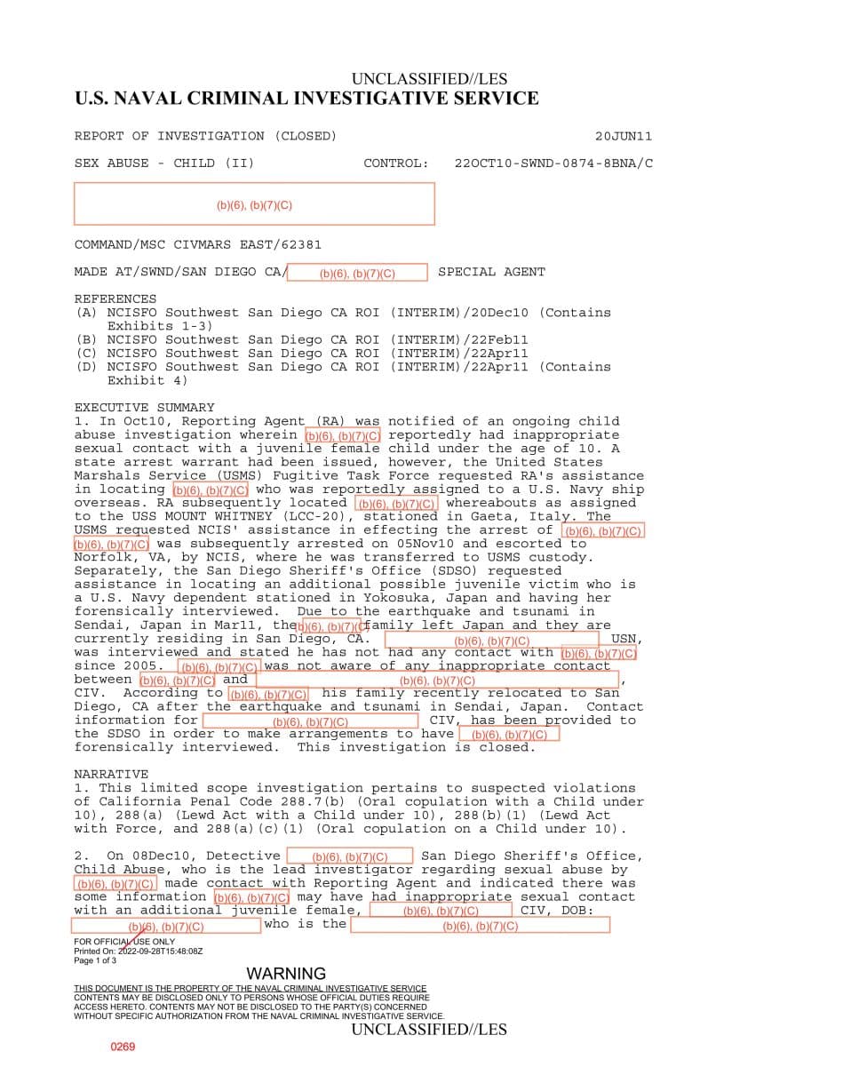 First page preview for NCIS Helped Arrest a Civilian Mariner on USS Mount Whitney in a San Diego Child-Sex-Abuse Warrant Case.