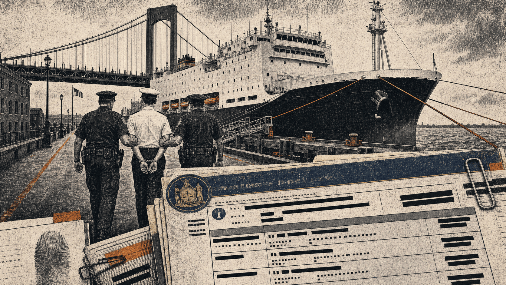 Illustration of police escorting a handcuffed person on a pier beside a training ship, with a court-record style document in the foreground.