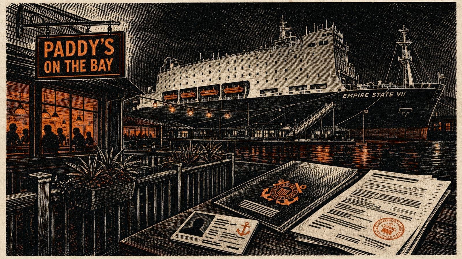 Paddy’s on the Bay and the Empire State VII at night.